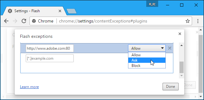 Список сайтов с разрешениями Flash и кнопкой удаления