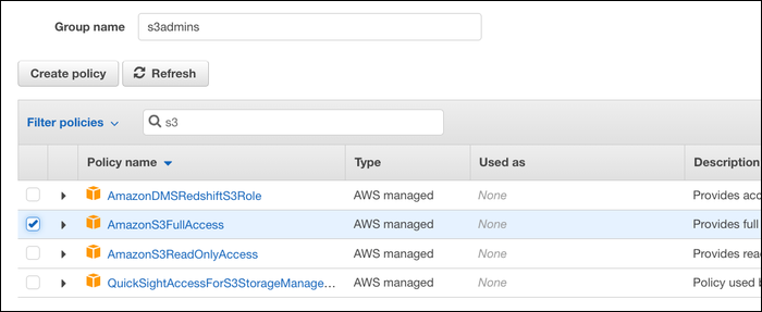 Выбор прав для группы IAM — назначение AmazonS3FullAccess для примера.