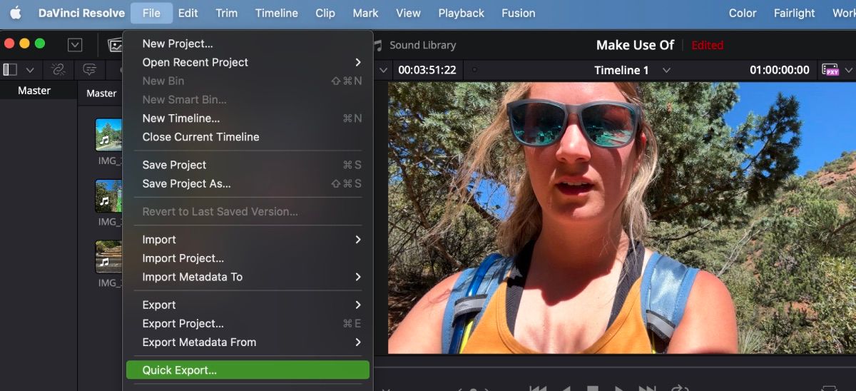 Поиск функции Quick Export в меню DaVinci Resolve