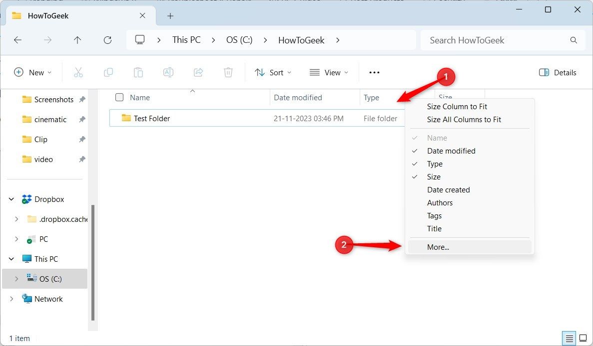 Контекстное меню колонок в Проводнике Windows 11