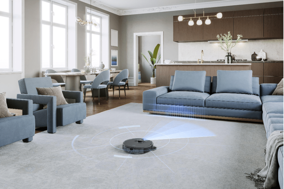Schema di funzionamento di un aspirapolvere robot che mappa la casa e rileva ostacoli