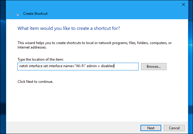 Создание ярлыка: ввод команды netsh для отключения Wi‑Fi