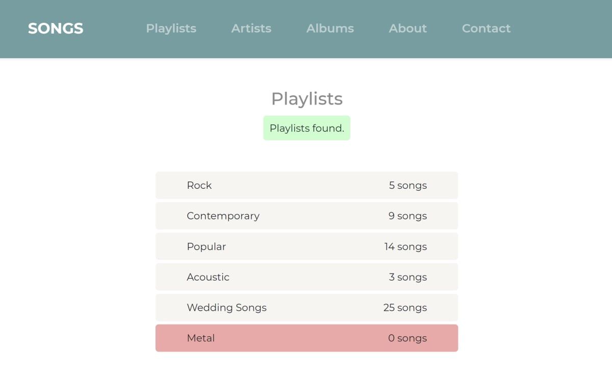 Окно браузера с примером ngClass: плейлисты с нулём песен подсвечены красным