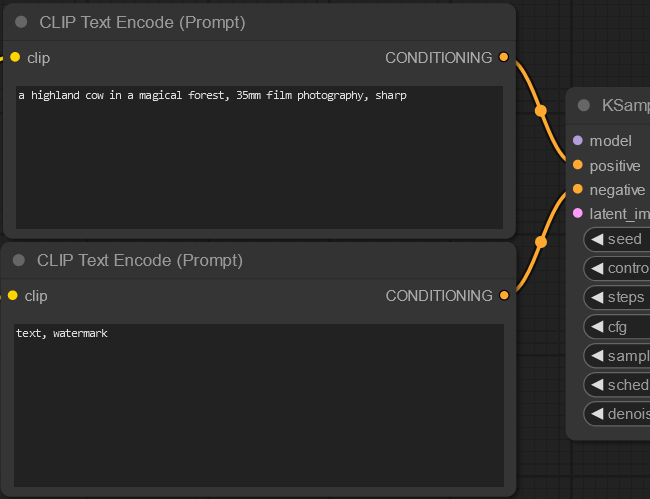 Подключение промпта к узлу семплера в ComfyUI