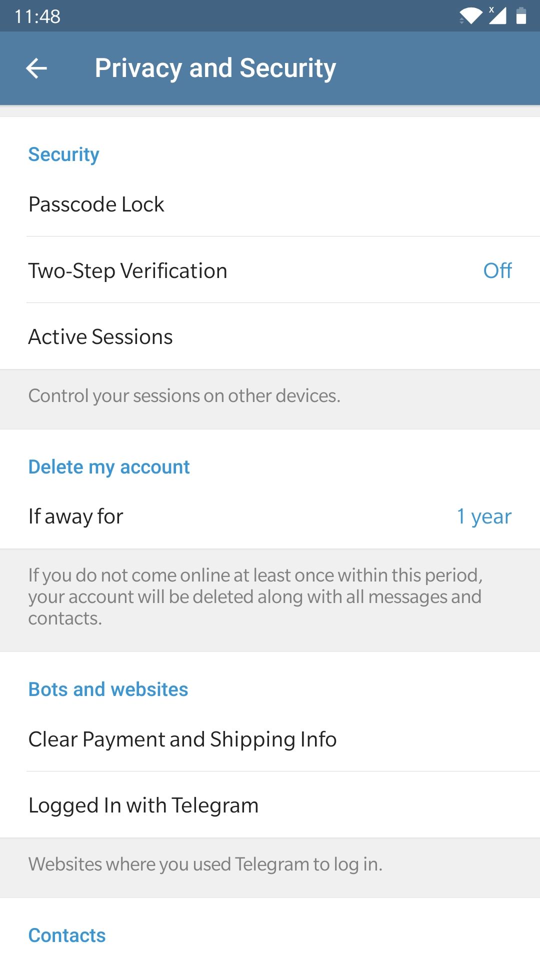 Выбор «Блокировки паролем» в Telegram для Android