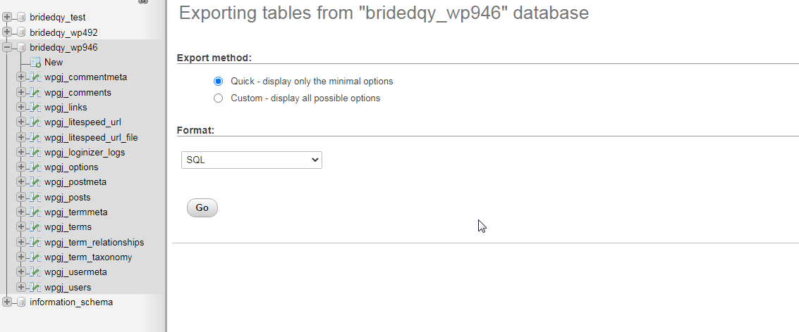 Экспорт базы данных в phpMyAdmin