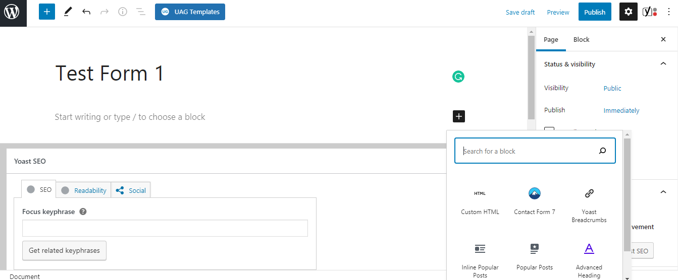 Выбор блока в редакторе Gutenberg