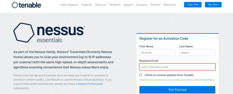 Форма регистрации для получения кода активации Nessus