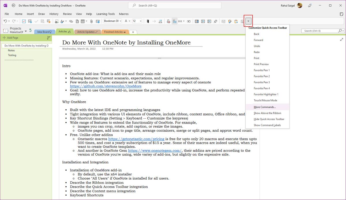 Окно настройки панели быстрого доступа в OneNote