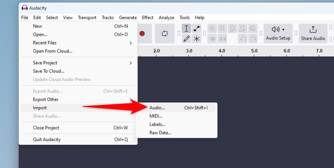 File > Import > Audio highlighted in Audacity.