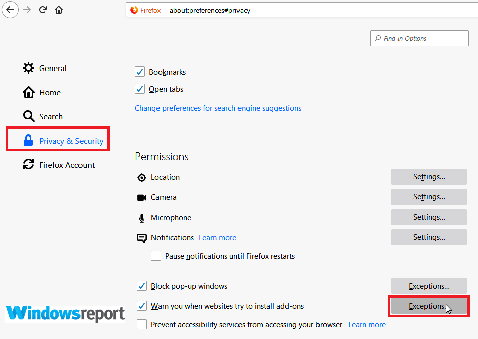 Добавление исключения в Firefox для Intuit