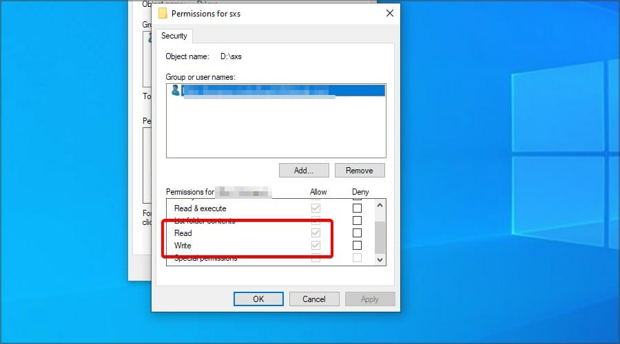 Редактирование прав доступа к папке sxs
