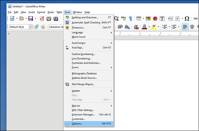 Окно Параметры LibreOffice, раздел Дополнительно с опцией экспериментальных функций