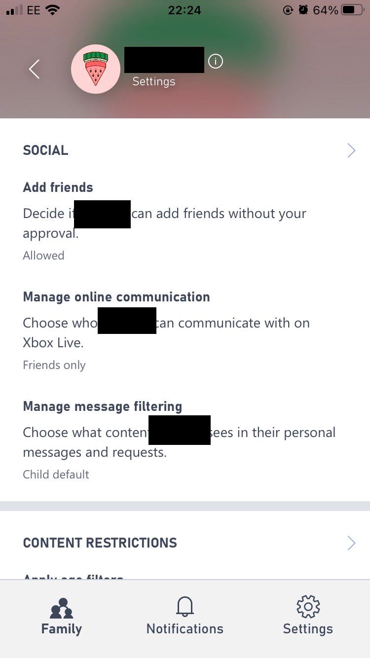 Раздел социальной активности в приложении Xbox Family Settings