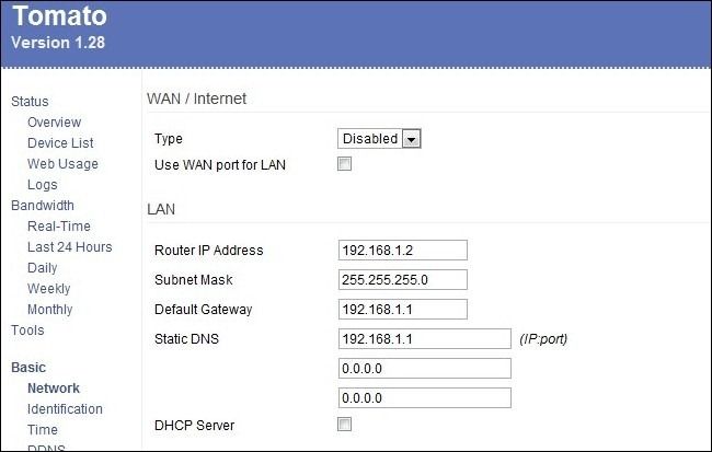 Настройки сети и WDS в Tomato