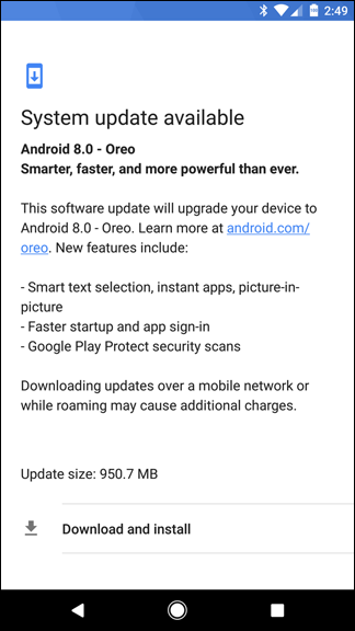 Сведения об обновлении: экран установки Oreo