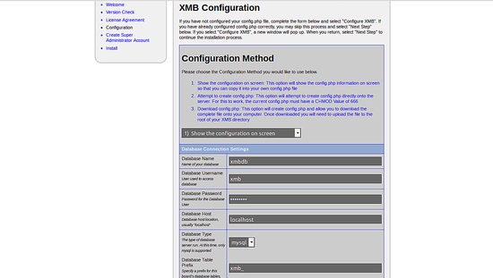 Конфигурация XMB: ввод параметров базы и SMTP