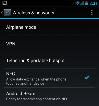 Переключатели NFC и Android Beam в настройках Android