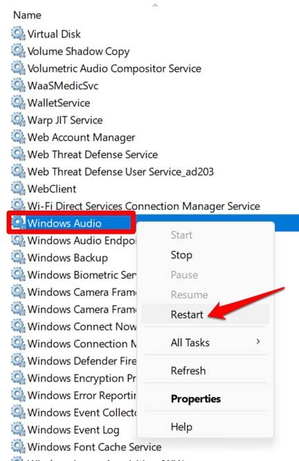 Перезапуск службы Windows Audio