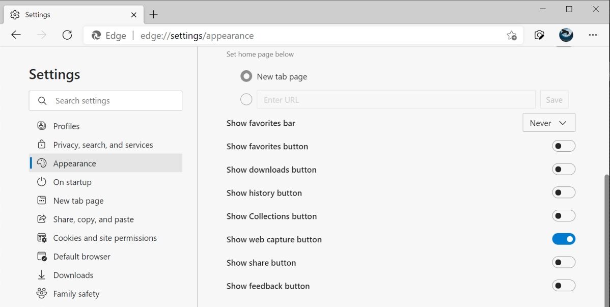 Кнопка Web capture на панели инструментов Edge