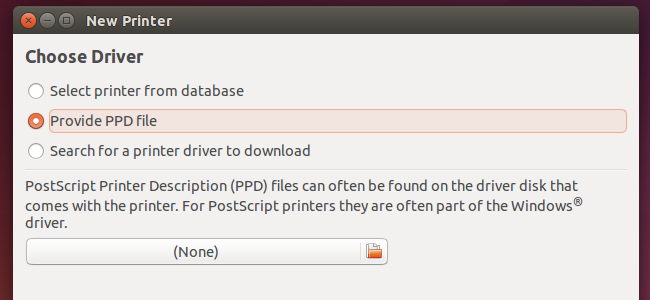 Процесс поиска и выбора драйвера принтера в интерфейсе настройки