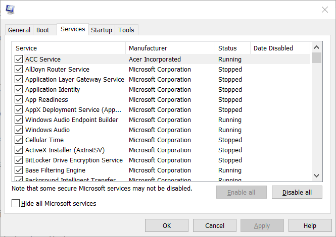 Вкладка «Службы» в msconfig с опцией скрыть службы Microsoft