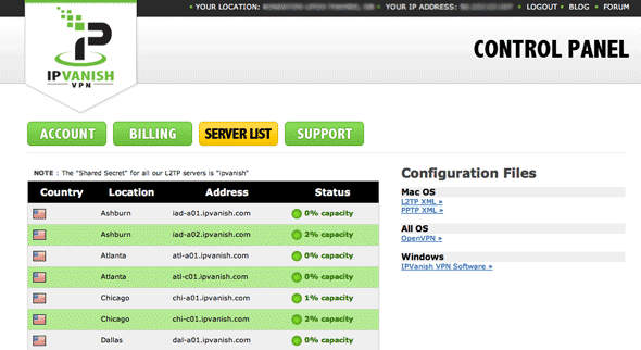 Панель управления IP Vanish: список серверов, выбран сервер в Чикаго