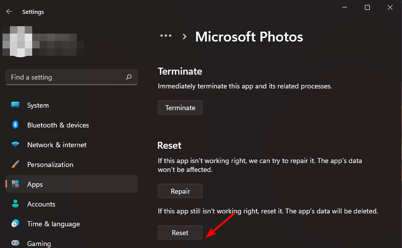 Кнопка 'Сброс' в дополнительных параметрах приложения 'Фотографии'