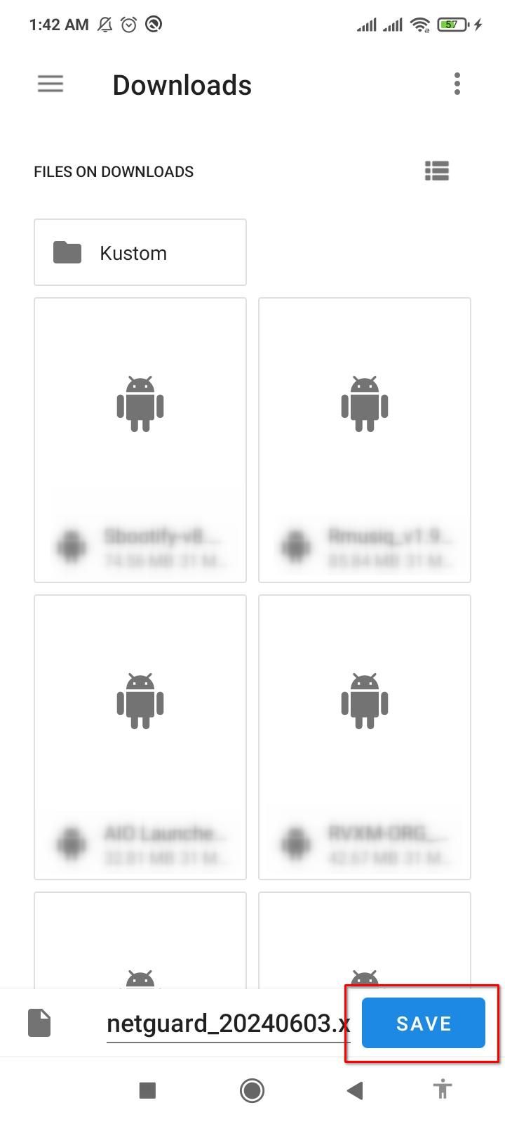 Сохранение файла настроек NetGuard.