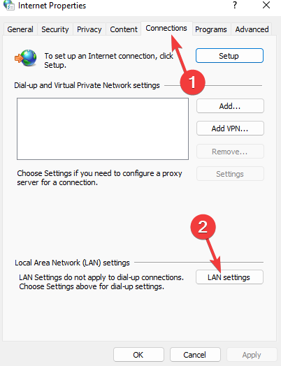 Вкладка «Подключения» и кнопка «Настройки сети LAN»