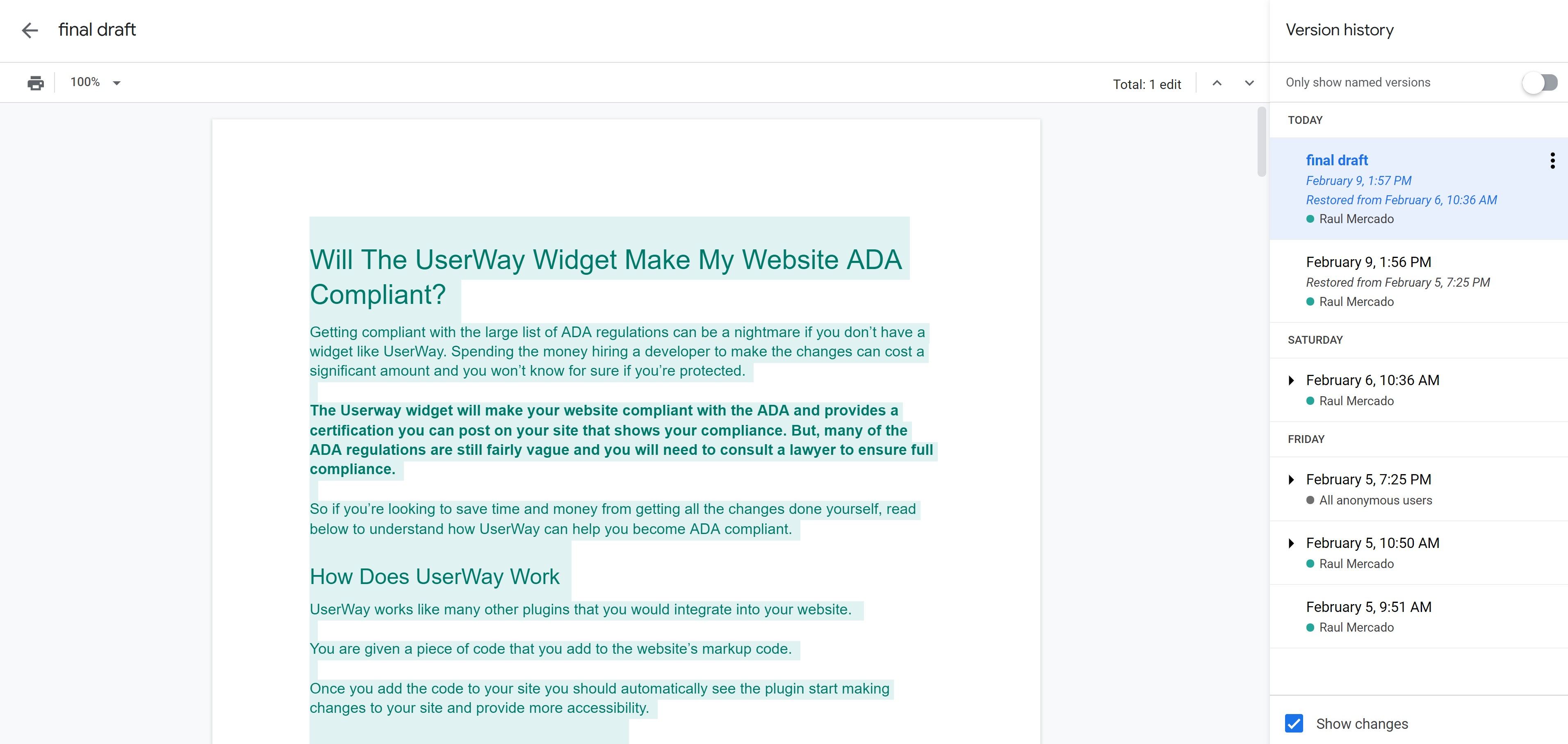 Внешний вид панели истории версий