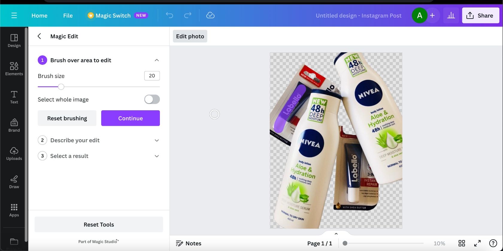 Using the brush tool in Canva's Magic Edit