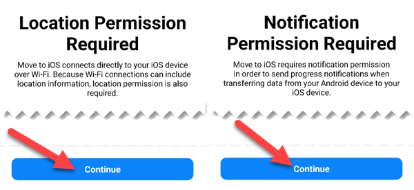 Разрешения, запрашиваемые приложением Move to iOS на Android.