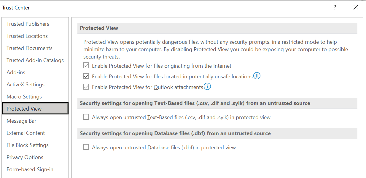 Параметры Защищённого просмотра в Microsoft Excel