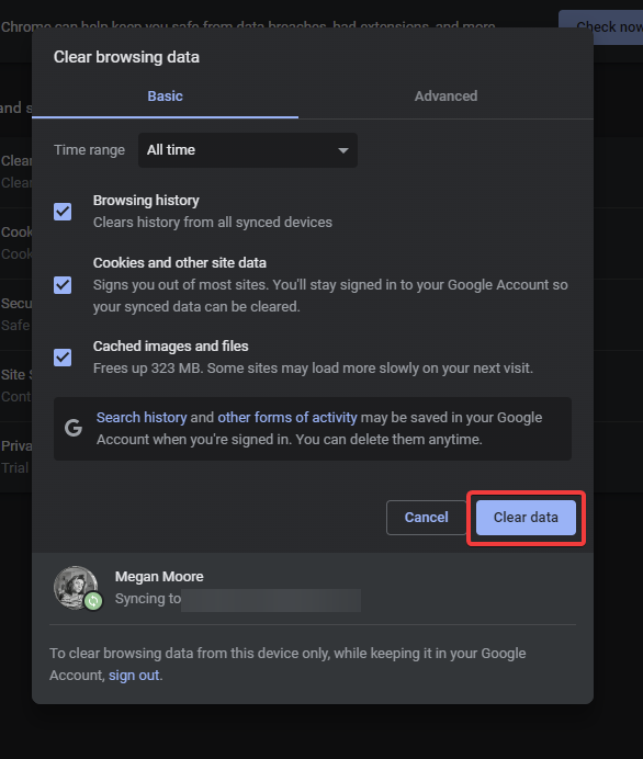 Кнопка очистки данных в Chrome