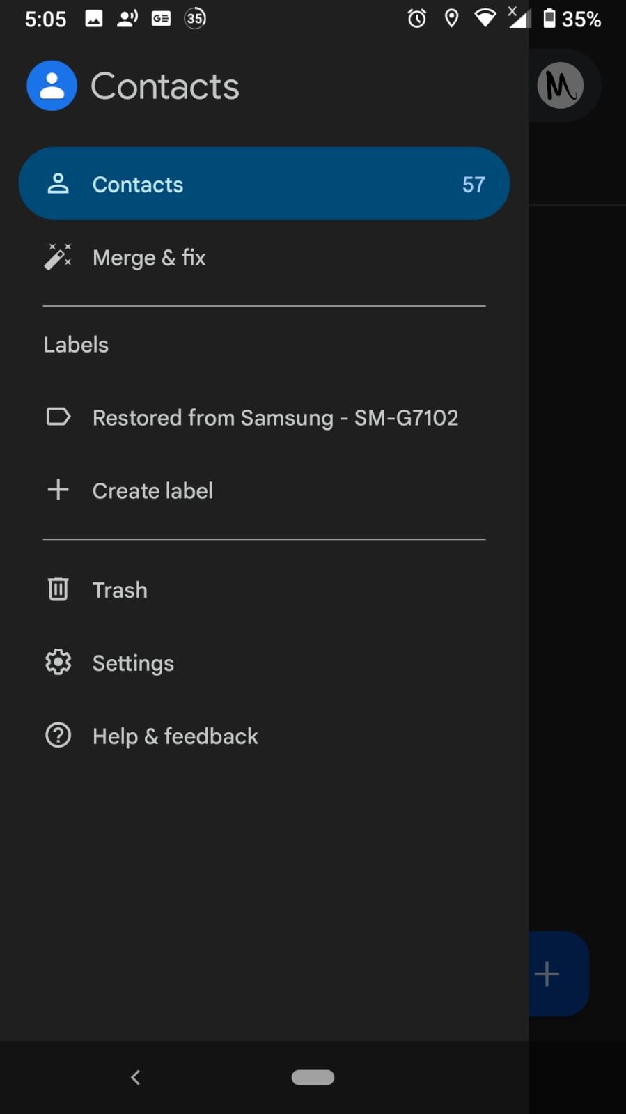 Меню приложения Google Контакты