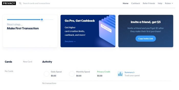 Панель управления Privacy с кнопкой создания новой карты