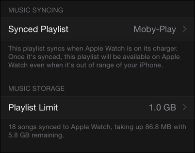 Индикация количества песен и занимаемого места на Apple Watch