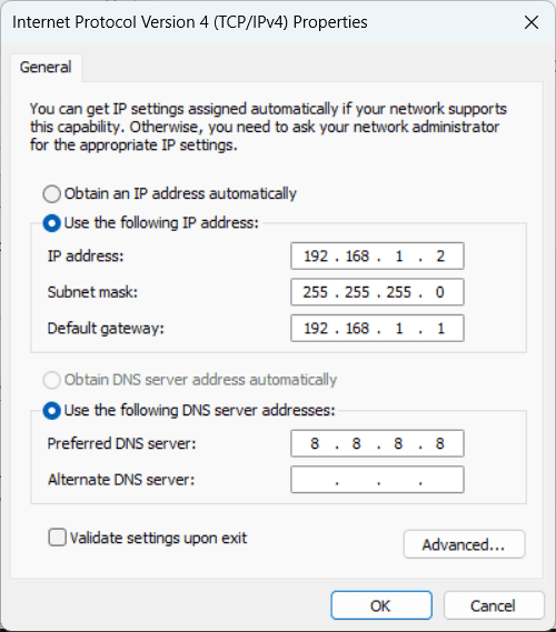 Configurazione IP manuale sul PC client per connettersi all'host