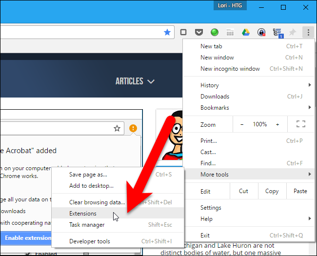 Меню Chrome: Дополнительные инструменты → Расширения