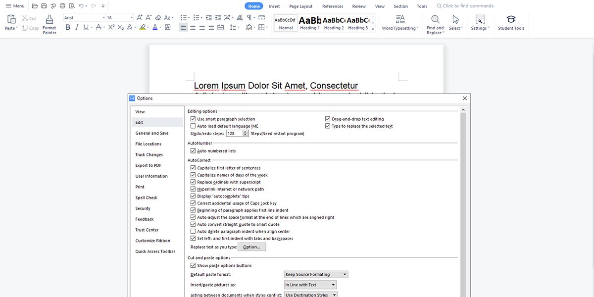 Экран настроек WPS Office: параметры редактирования