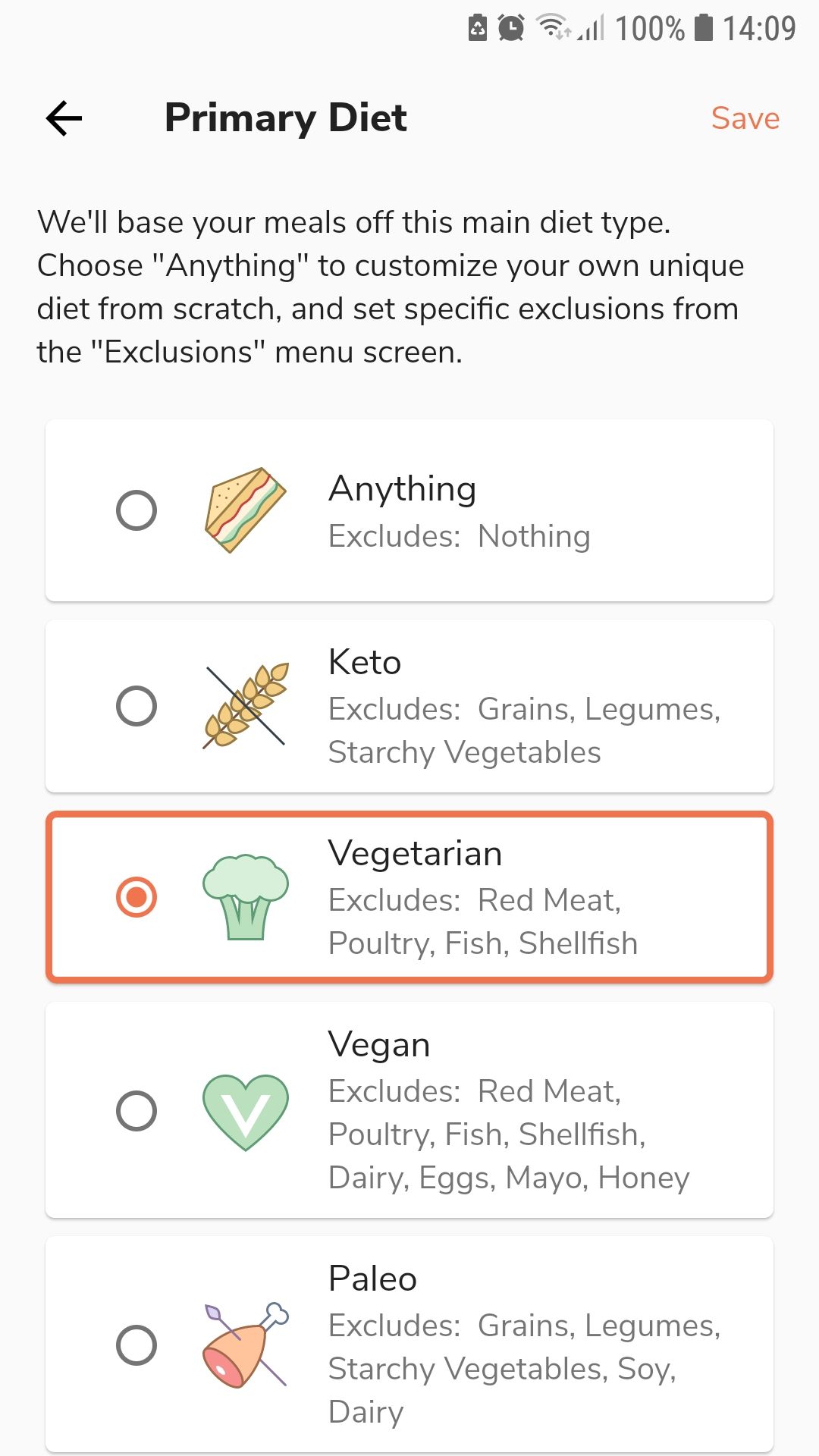 Экран выбора диеты в приложении Eat This Much