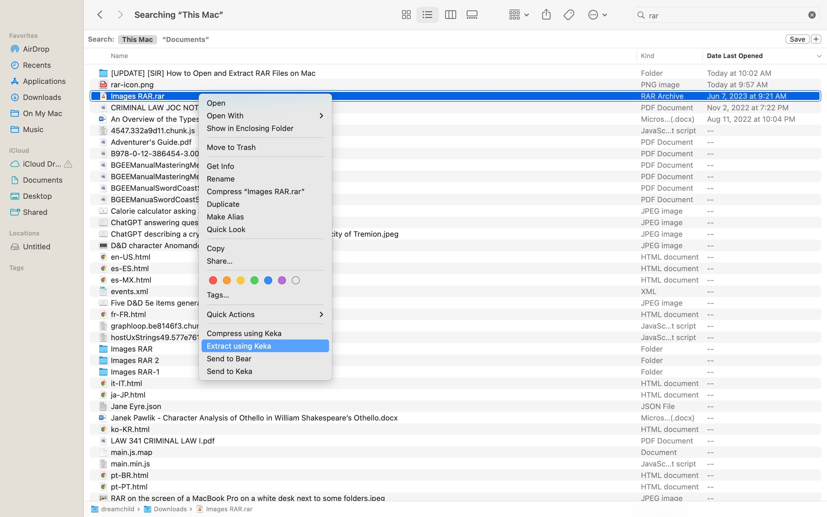 Контекстное меню Finder с пунктом извлечь через Keka