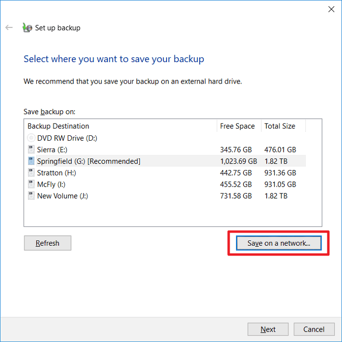 Обзор сетевой папки для резервного копирования