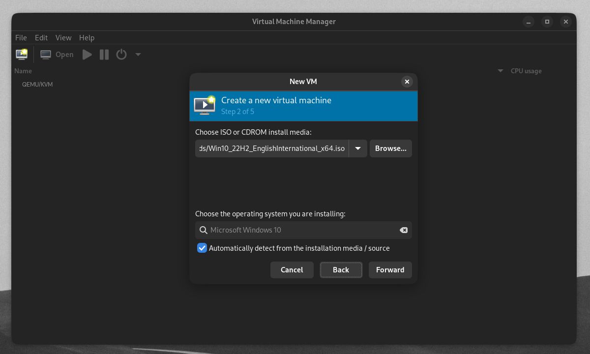 Virt-manager New VM window showing Windows 10 VM setup