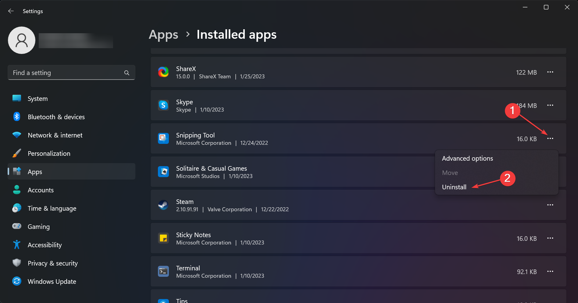 Удаление Snipping Tool из списка установленных приложений