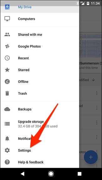 Пункт Настройки в меню Google Drive на Android