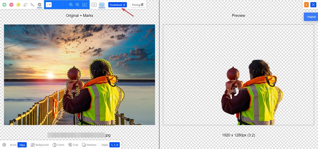 Окно сравнения исходного и обработанного изображения в Clipping Magic