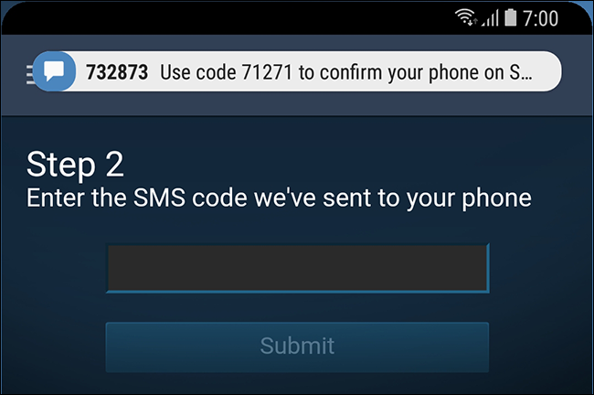 Экран ввода SMS-кода при добавлении телефона в Steam