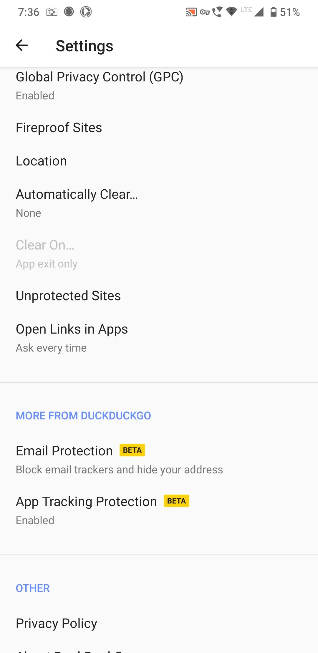 Включение защиты от слежки в приложении DuckDuckGo